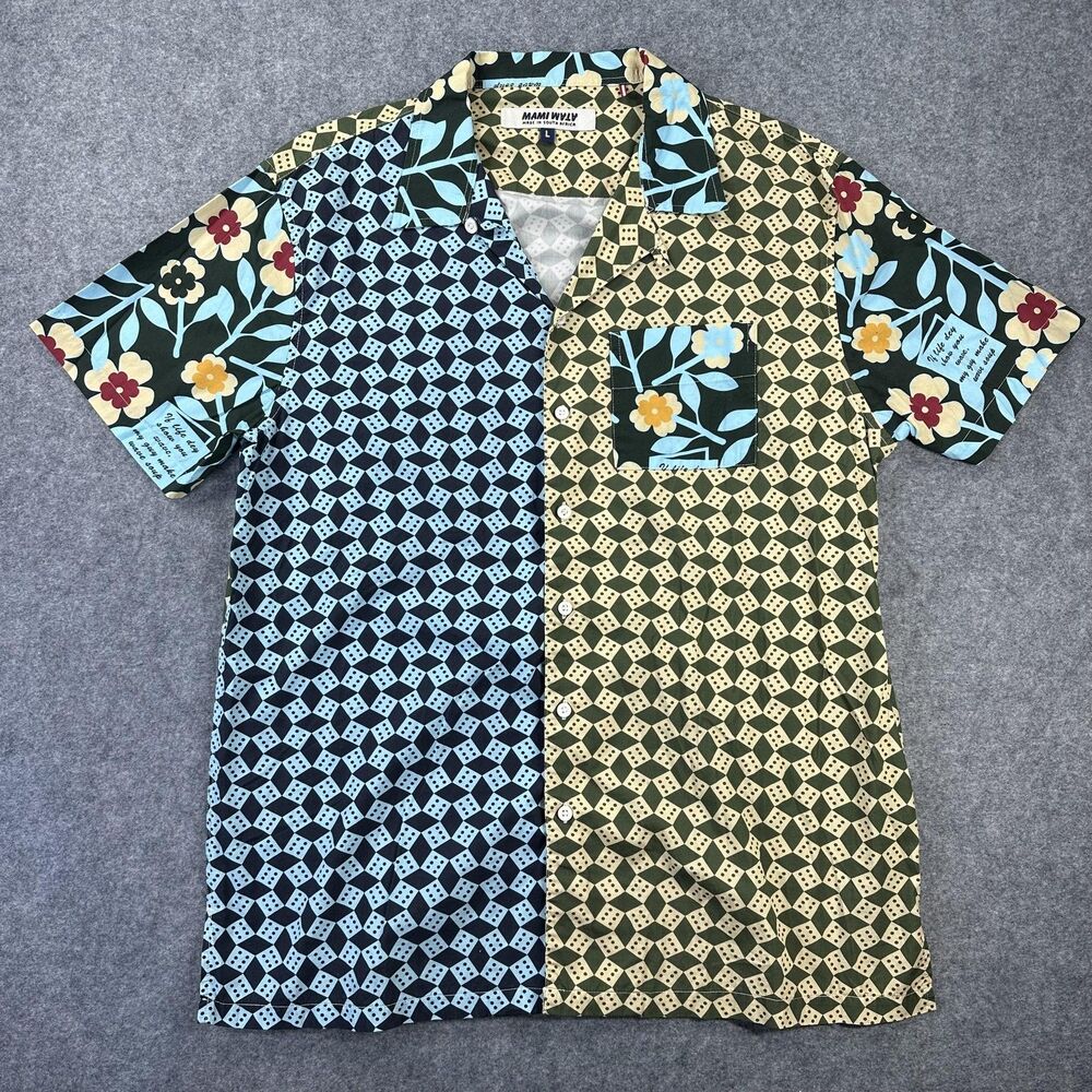 Mami Wata Shirt Mens Large Multicolor Dice Floral Short Sleeve Button Up Aloha